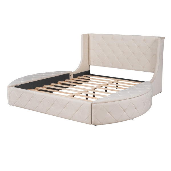 HomeRoots Beige Tufted Velvet Queen Bed Frame - Elegant Upholstered Centerpiece for Stylish Bedroom Retreat 592922