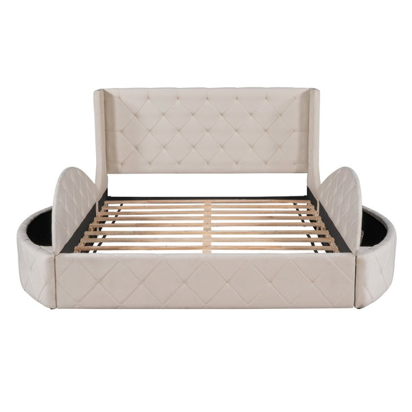 HomeRoots Beige Tufted Velvet Queen Bed Frame - Elegant Upholstered Centerpiece for Stylish Bedroom Retreat 592922