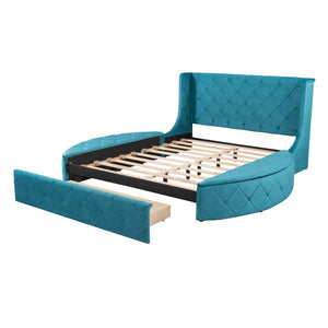HomeRoots Blue Tufted Velvet Queen Bed Frame - Luxurious Upholstered Design for Modern Bedrooms & Comfort 592923