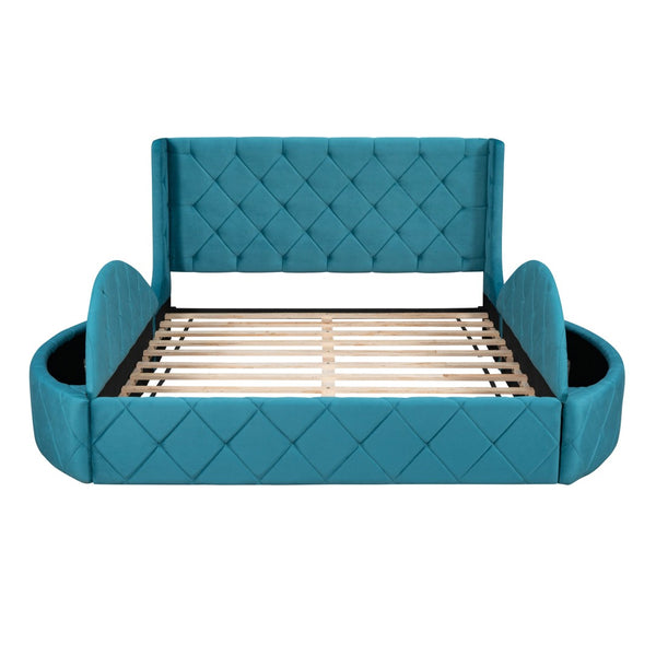 HomeRoots Blue Tufted Velvet Queen Bed Frame - Luxurious Upholstered Design for Modern Bedrooms & Comfort 592923