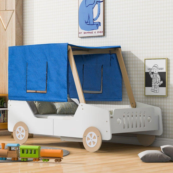 HomeRoots White Wood Twin Car Bed - Playful Design, Sturdy Construction & Modern Style for Kids' Bedrooms! 592929