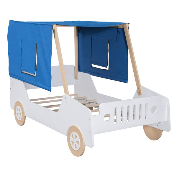 HomeRoots White Wood Twin Car Bed - Playful Design, Sturdy Construction & Modern Style for Kids' Bedrooms! 592929