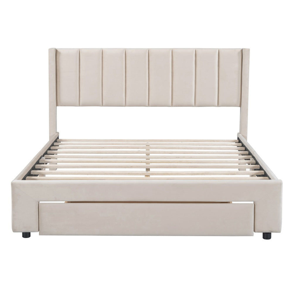 HomeRoots Beige Tufted Velvet Full Bed Frame with Storage Drawer - Elegant Design for Modern Bedrooms 592930