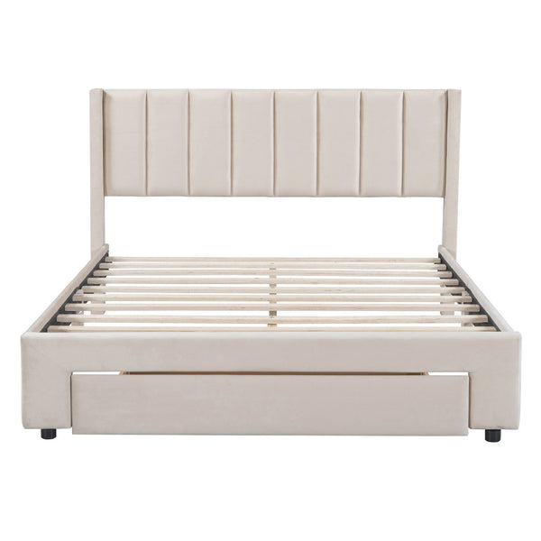 HomeRoots Beige Tufted Velvet Full Bed Frame with Storage Drawer - Elegant Design for Modern Bedrooms 592930