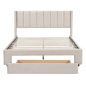 HomeRoots Beige Tufted Velvet Full Bed Frame with Storage Drawer - Elegant Design for Modern Bedrooms 592930