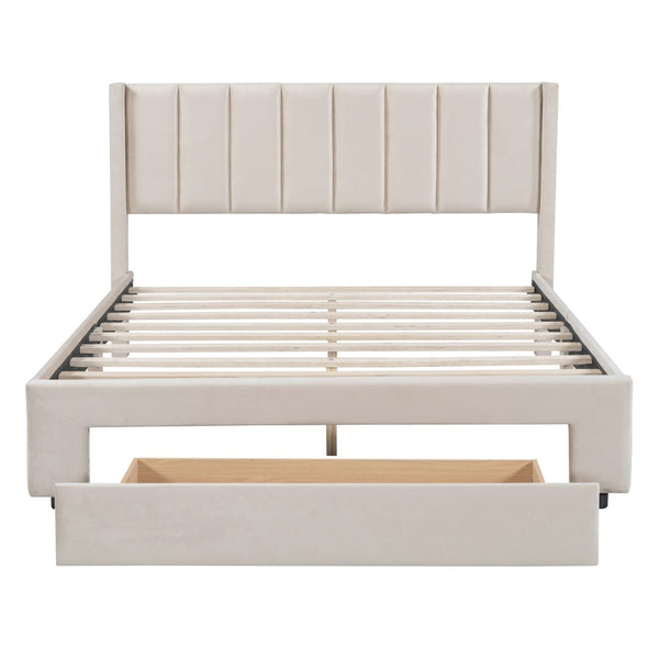 HomeRoots Beige Tufted Velvet Full Bed Frame with Storage Drawer - Elegant Design for Modern Bedrooms 592930