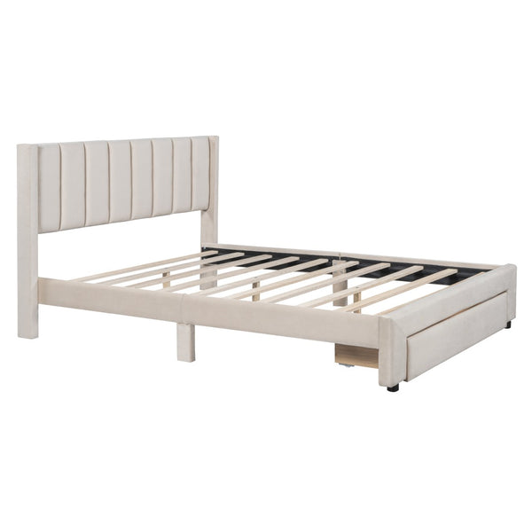 HomeRoots Beige Tufted Velvet Full Bed Frame with Storage Drawer - Elegant Design for Modern Bedrooms 592930