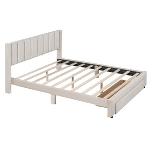 HomeRoots Beige Tufted Velvet Full Bed Frame with Storage Drawer - Elegant Design for Modern Bedrooms 592930