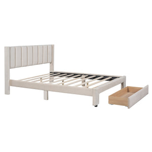 HomeRoots Beige Tufted Velvet Full Bed Frame with Storage Drawer - Elegant Design for Modern Bedrooms 592930