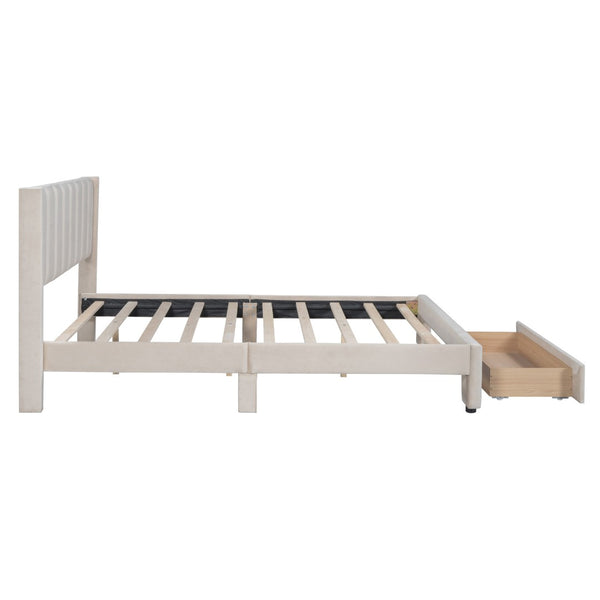 HomeRoots Beige Tufted Velvet Full Bed Frame with Storage Drawer - Elegant Design for Modern Bedrooms 592930
