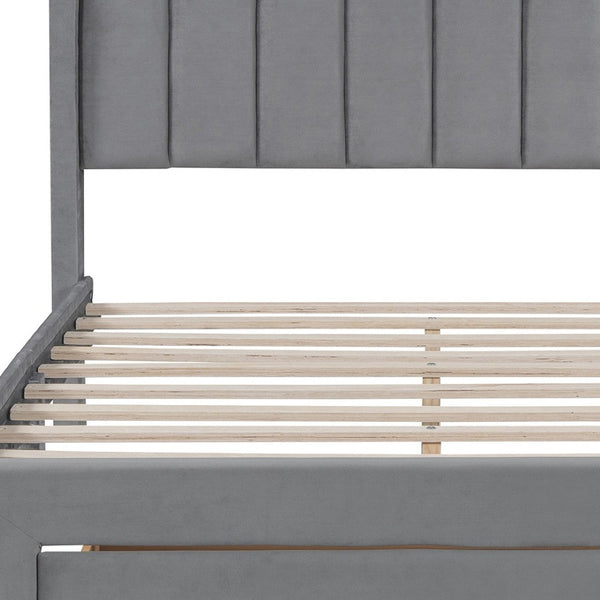 HomeRoots Gray Tufted Velvet Full Bed Frame with Drawer – Stylish, Cozy, and Functional Storage Solution! 592931