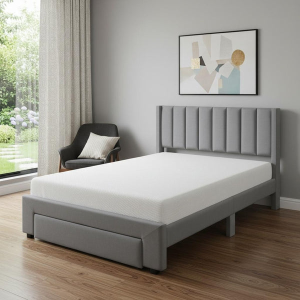 HomeRoots Gray Tufted Velvet Full Bed Frame with Drawer – Stylish, Cozy, and Functional Storage Solution! 592931