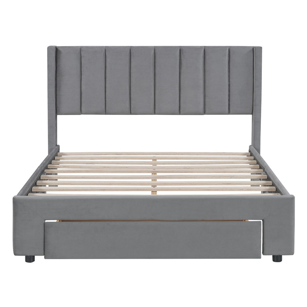 HomeRoots Gray Tufted Velvet Full Bed Frame with Drawer – Stylish, Cozy, and Functional Storage Solution! 592931
