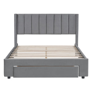 HomeRoots Gray Tufted Velvet Full Bed Frame with Drawer – Stylish, Cozy, and Functional Storage Solution! 592931