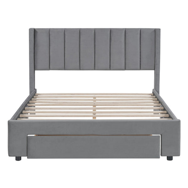 HomeRoots Gray Tufted Velvet Full Bed Frame with Drawer – Stylish, Cozy, and Functional Storage Solution! 592931