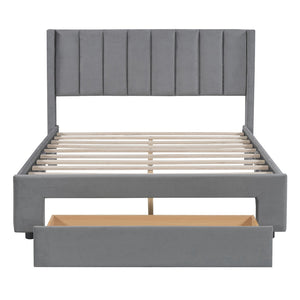 HomeRoots Gray Tufted Velvet Full Bed Frame with Drawer – Stylish, Cozy, and Functional Storage Solution! 592931