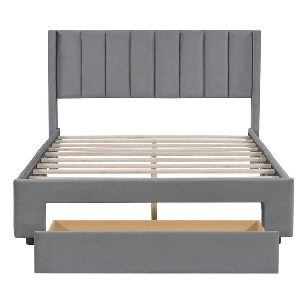HomeRoots Gray Tufted Velvet Full Bed Frame with Drawer – Stylish, Cozy, and Functional Storage Solution! 592931
