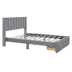 HomeRoots Gray Tufted Velvet Full Bed Frame with Drawer – Stylish, Cozy, and Functional Storage Solution! 592931