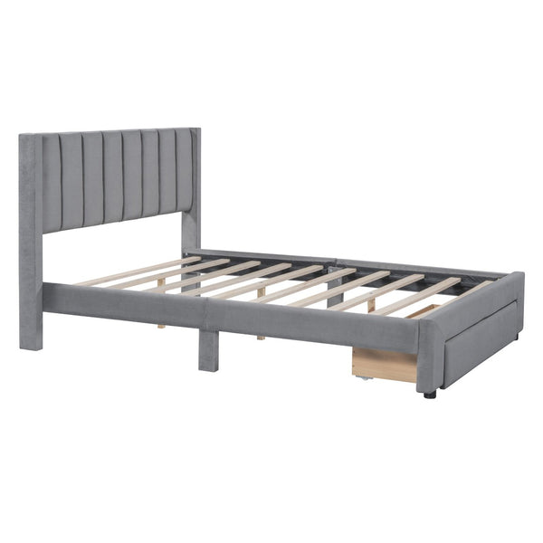 HomeRoots Gray Tufted Velvet Full Bed Frame with Drawer – Stylish, Cozy, and Functional Storage Solution! 592931