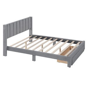 HomeRoots Gray Tufted Velvet Full Bed Frame with Drawer – Stylish, Cozy, and Functional Storage Solution! 592931