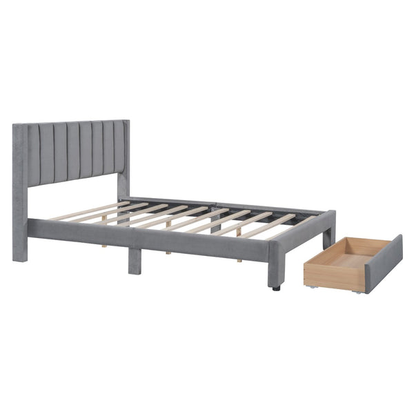 HomeRoots Gray Tufted Velvet Full Bed Frame with Drawer – Stylish, Cozy, and Functional Storage Solution! 592931