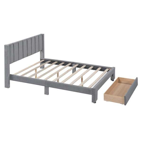 HomeRoots Gray Tufted Velvet Full Bed Frame with Drawer – Stylish, Cozy, and Functional Storage Solution! 592931