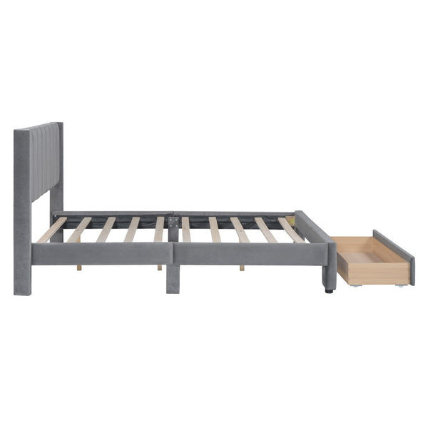 HomeRoots Gray Tufted Velvet Full Bed Frame with Drawer – Stylish, Cozy, and Functional Storage Solution! 592931