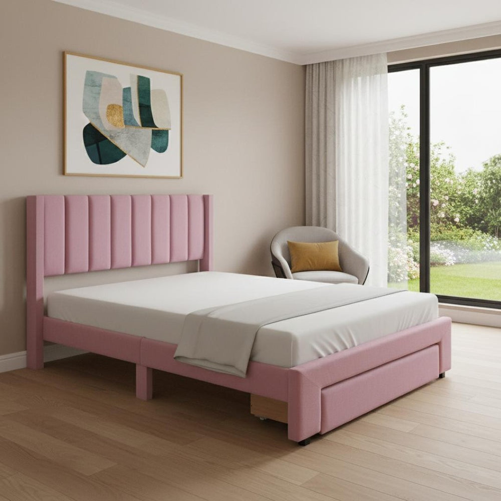 HomeRoots Pink Tufted Velvet Full Bed Frame with Built-In Drawer for Stylish Storage & Modern Comfort 592932