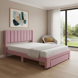 HomeRoots Pink Tufted Velvet Full Bed Frame with Built-In Drawer for Stylish Storage & Modern Comfort 592932