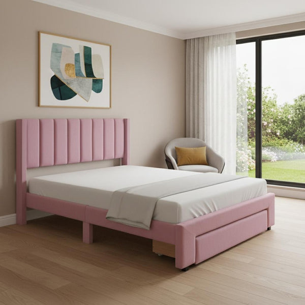 HomeRoots Pink Tufted Velvet Full Bed Frame with Built-In Drawer for Stylish Storage & Modern Comfort 592932