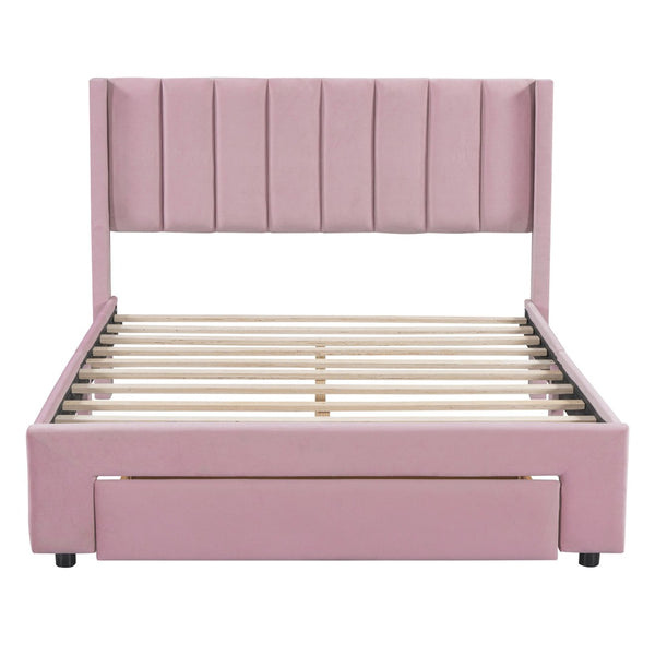 HomeRoots Pink Tufted Velvet Full Bed Frame with Built-In Drawer for Stylish Storage & Modern Comfort 592932