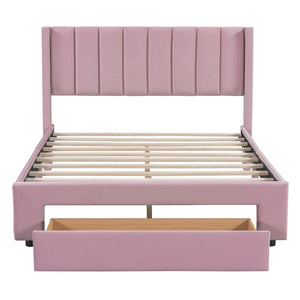 HomeRoots Pink Tufted Velvet Full Bed Frame with Built-In Drawer for Stylish Storage & Modern Comfort 592932