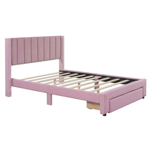HomeRoots Pink Tufted Velvet Full Bed Frame with Built-In Drawer for Stylish Storage & Modern Comfort 592932