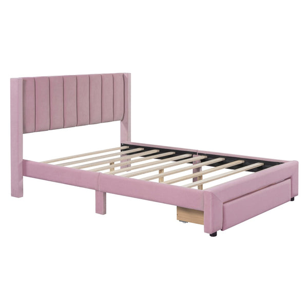 HomeRoots Pink Tufted Velvet Full Bed Frame with Built-In Drawer for Stylish Storage & Modern Comfort 592932