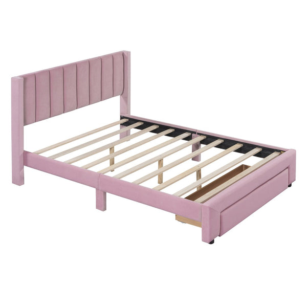HomeRoots Pink Tufted Velvet Full Bed Frame with Built-In Drawer for Stylish Storage & Modern Comfort 592932