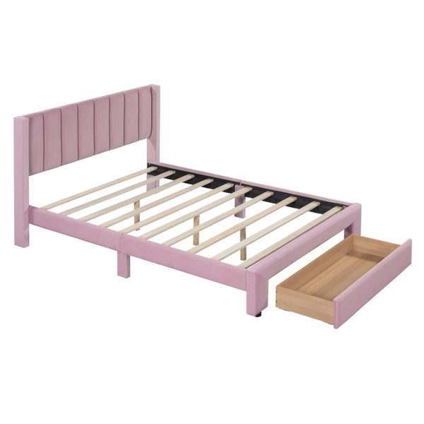 HomeRoots Pink Tufted Velvet Full Bed Frame with Built-In Drawer for Stylish Storage & Modern Comfort 592932
