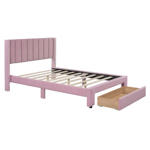 HomeRoots Pink Tufted Velvet Full Bed Frame with Built-In Drawer for Stylish Storage & Modern Comfort 592932