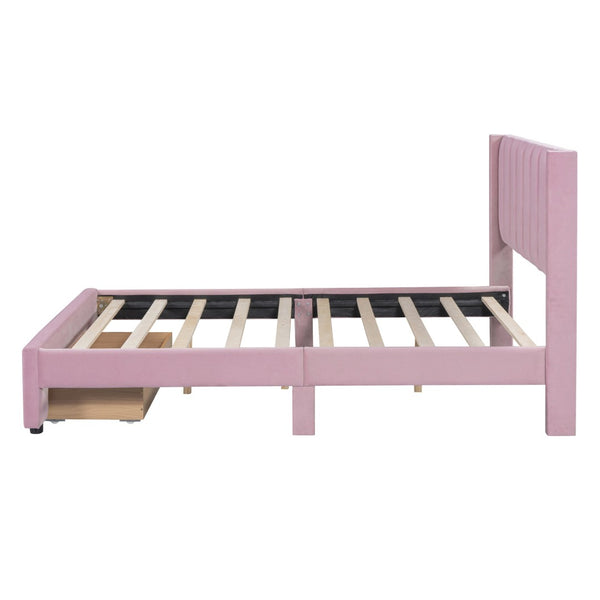 HomeRoots Pink Tufted Velvet Full Bed Frame with Built-In Drawer for Stylish Storage & Modern Comfort 592932