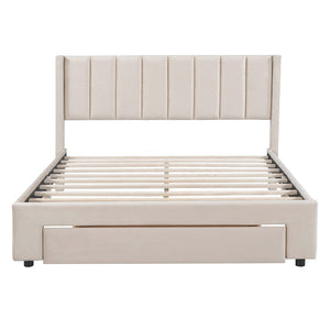 HomeRoots Beige Tufted Velvet Queen Bed Frame - Elegant Low-Profile Design for Ultimate Comfort & Support 592933