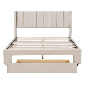 HomeRoots Beige Tufted Velvet Queen Bed Frame - Elegant Low-Profile Design for Ultimate Comfort & Support 592933