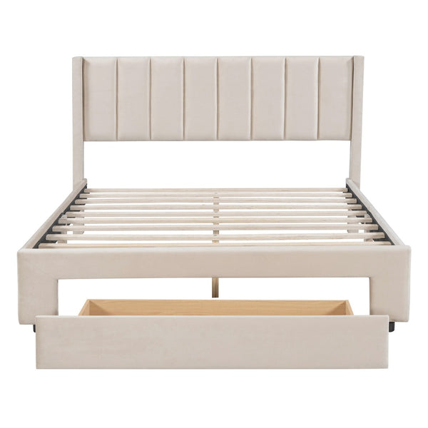 HomeRoots Beige Tufted Velvet Queen Bed Frame - Elegant Low-Profile Design for Ultimate Comfort & Support 592933