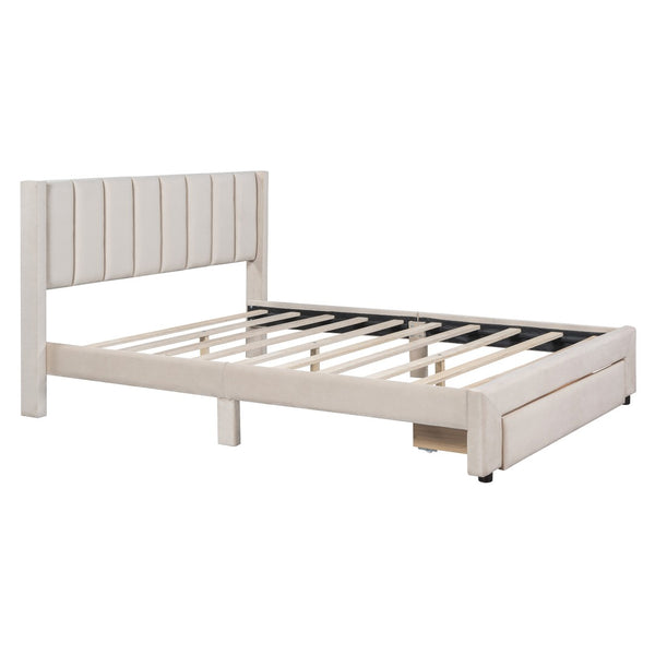 HomeRoots Beige Tufted Velvet Queen Bed Frame - Elegant Low-Profile Design for Ultimate Comfort & Support 592933