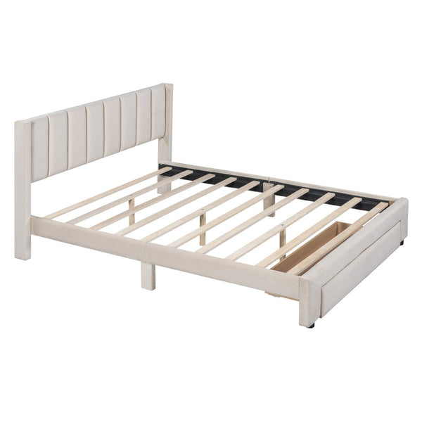 HomeRoots Beige Tufted Velvet Queen Bed Frame - Elegant Low-Profile Design for Ultimate Comfort & Support 592933