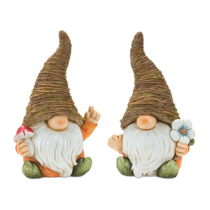 HomeRoots Set of Two Whimsical Brown Polyresin Gnome Sculptures for Rustic Home Decor & Gift Giving 592995