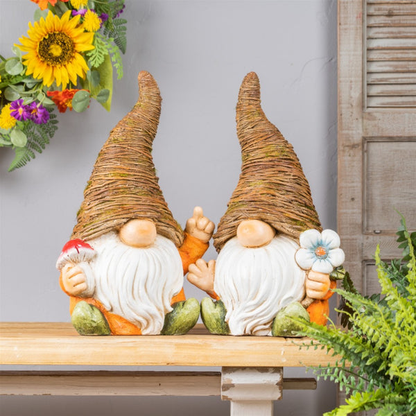 HomeRoots Set of Two Whimsical Brown Polyresin Gnome Sculptures for Rustic Home Decor & Gift Giving 592995