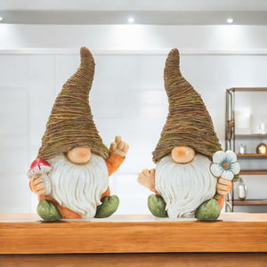 HomeRoots Set of Two Whimsical Brown Polyresin Gnome Sculptures for Rustic Home Decor & Gift Giving 592995