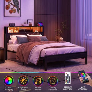 English Elm Full Size Metal Bed Frame with RGB Headboard, USB Charging, 10.6" Under-Storage, Quiet Assembly W840P201068