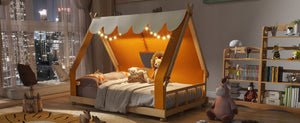 English Elm Twin Cabin Bed with Detachable Tent Skylight and Woodland Deer Antler Accents Brown N708P356717D