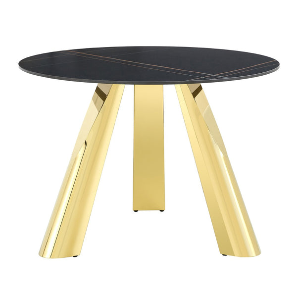 English Elm Table 5-Piece Dining Set: 42-Inch Round Sintered Stone Top With Gold Stainless Steel Legs & Chairs W2920S00041-GIGA