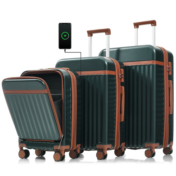 English Elm Luggage 3 Piece Abs Hard Shell Set with Usb Port Front Access and Spinner Wheels Dark Green N726P307555G
